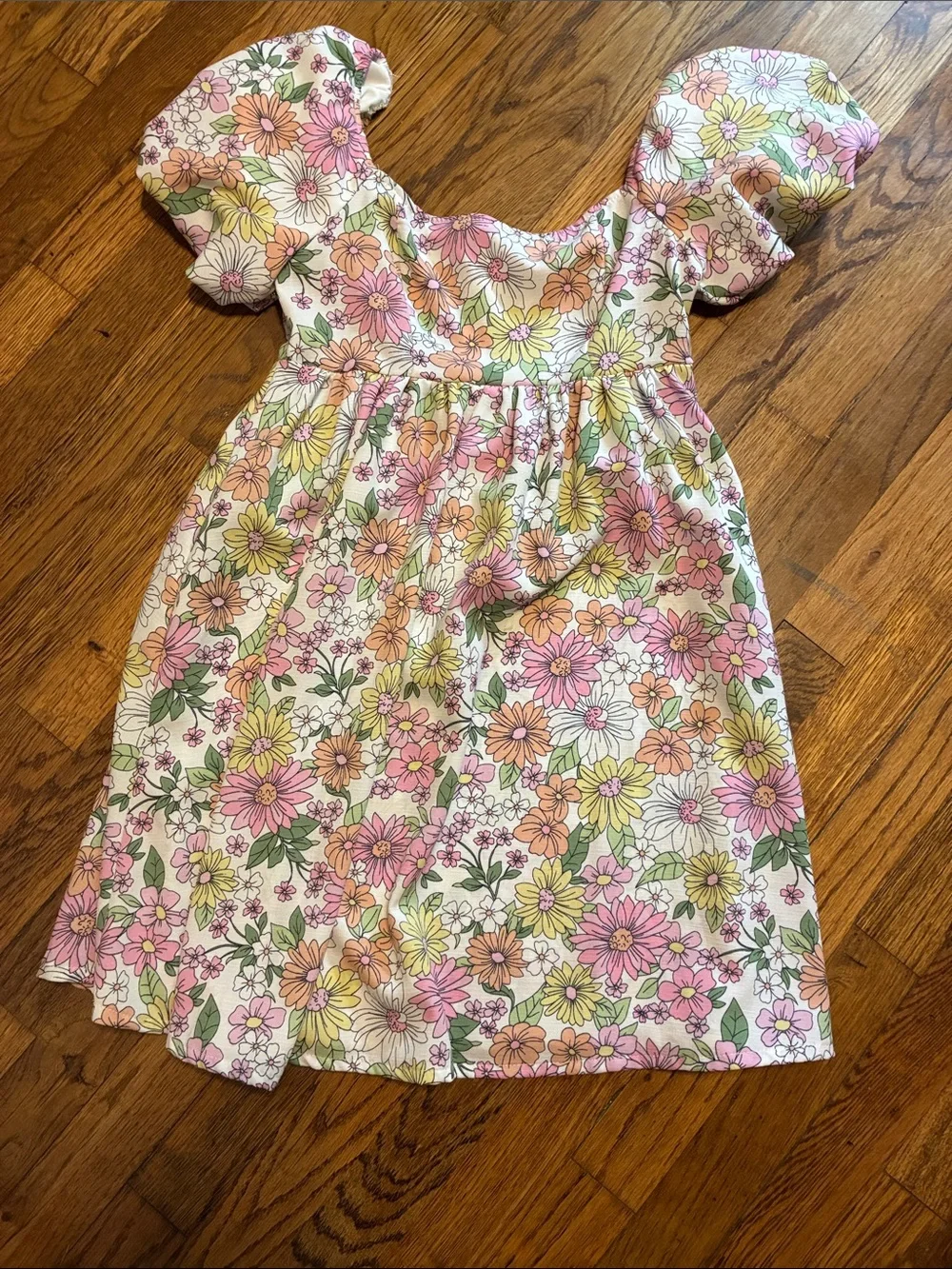 Altar'd State Floral Puff-Sleeve Dress in Pink, Yellow & Green